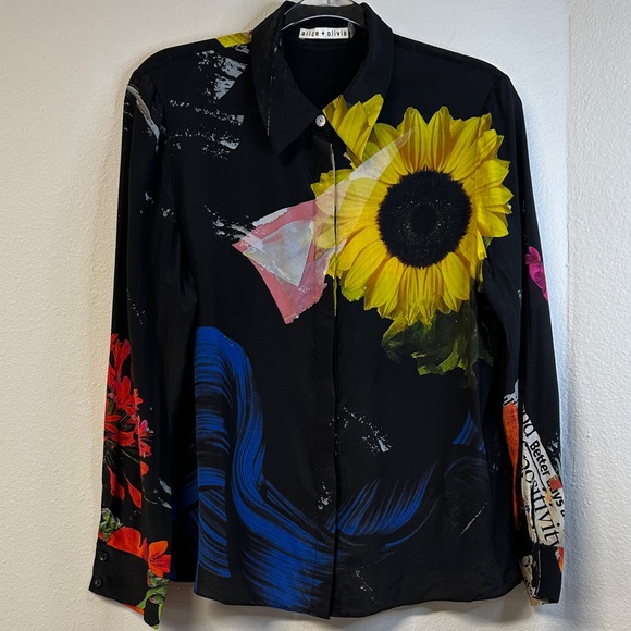 Alice + Olivia Willa Floral Print Silk Placket Blouse Top Size L - Picture 2 of 9